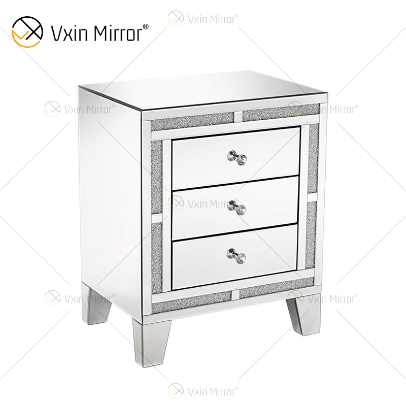 Mesita de noche de diamantes triturados de plata WXF-911 de buena calidad con mesita de noche con espejo de 3 cajones