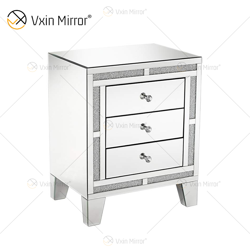 Mesita de noche de diamantes triturados de plata WXF-911 de buena calidad con mesita de noche con espejo de 3 cajones