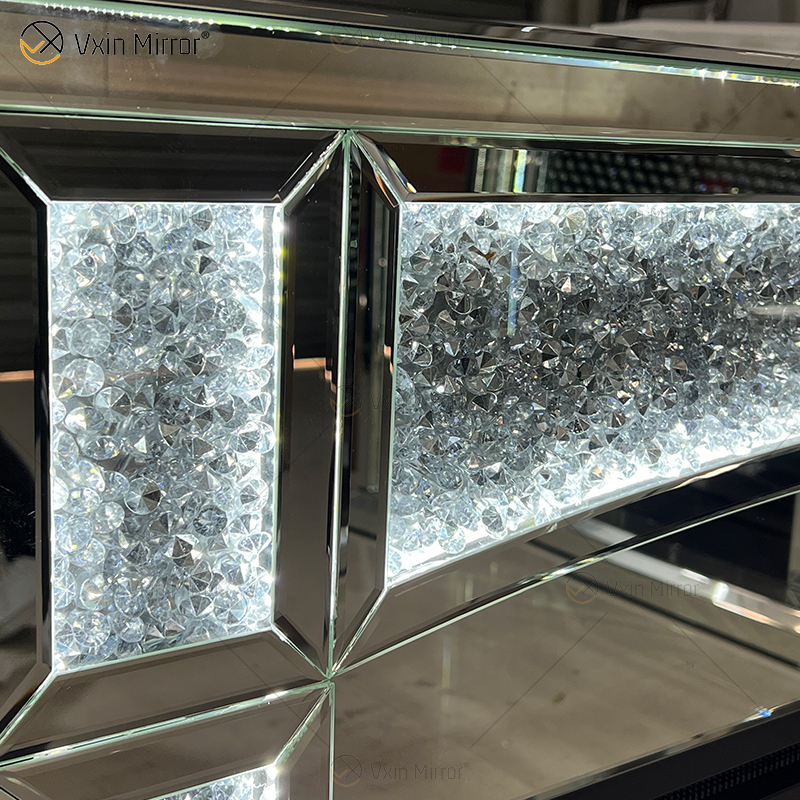 Nuevo diseño WXMF026-1 LED plata cristal sala de estar espejo chimenea con inserto interior