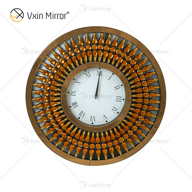 Venta caliente Plata WXC-071 Cristal Dorado Marrón Reloj de pared con espejo moderno