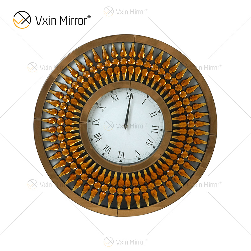 Venta caliente Plata WXC-071 Cristal Dorado Marrón Reloj de pared con espejo moderno