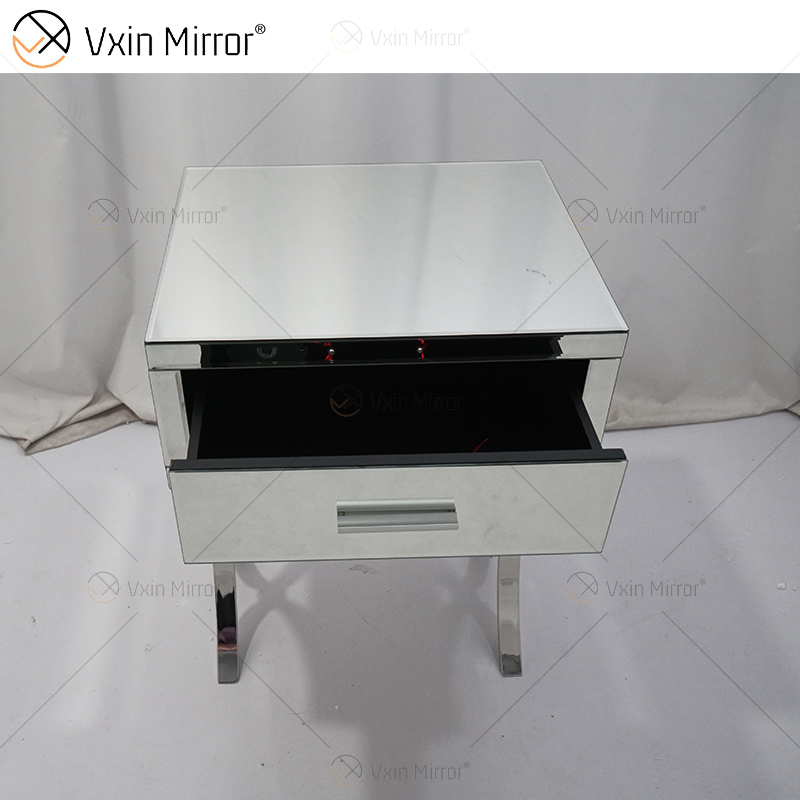 Vanity Modern WXF-218 Muebles de dormitorio plateados Mesita de noche con espejo de cristal con cajón Mesita de noche moderna