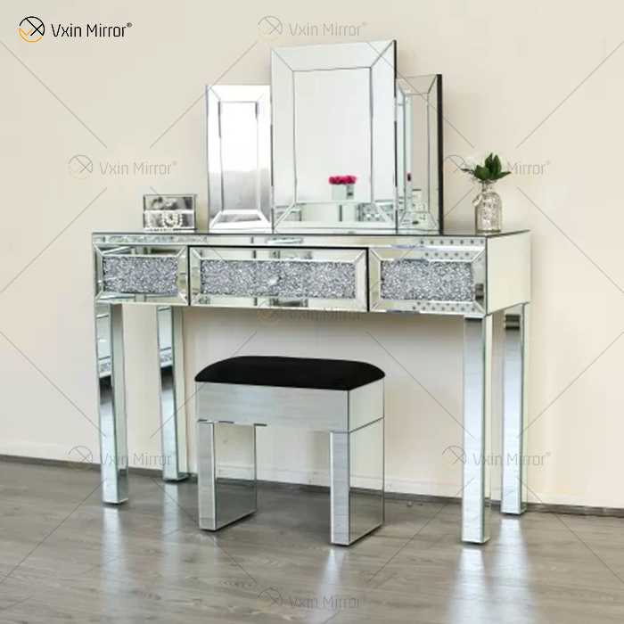 Tocador de plata de diamante triturado moderno de suministro de China con taburete 2 cajones con espejo de cuerpo entero