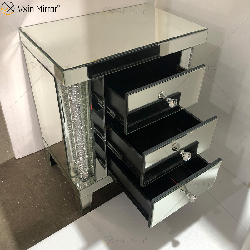 WXF-275 Mesitas de noche con espejo Gabinete 3 cajones Espejo Mesita de noche Mesa auxiliar con vidrio