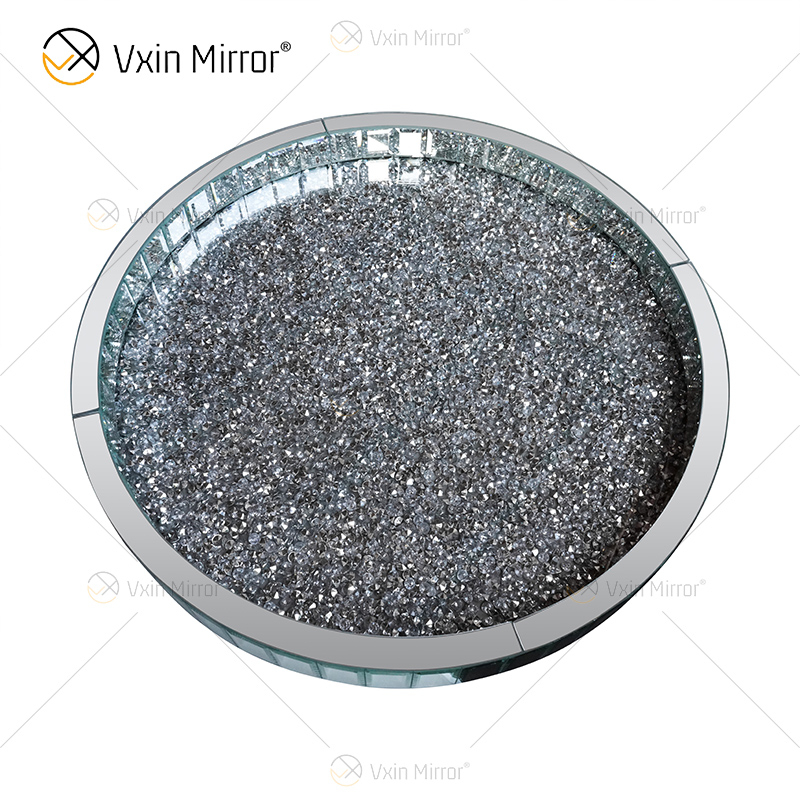 Gran oferta WXMT-015 bandeja redonda con espejo de diamante triturado de plata de decoración moderna