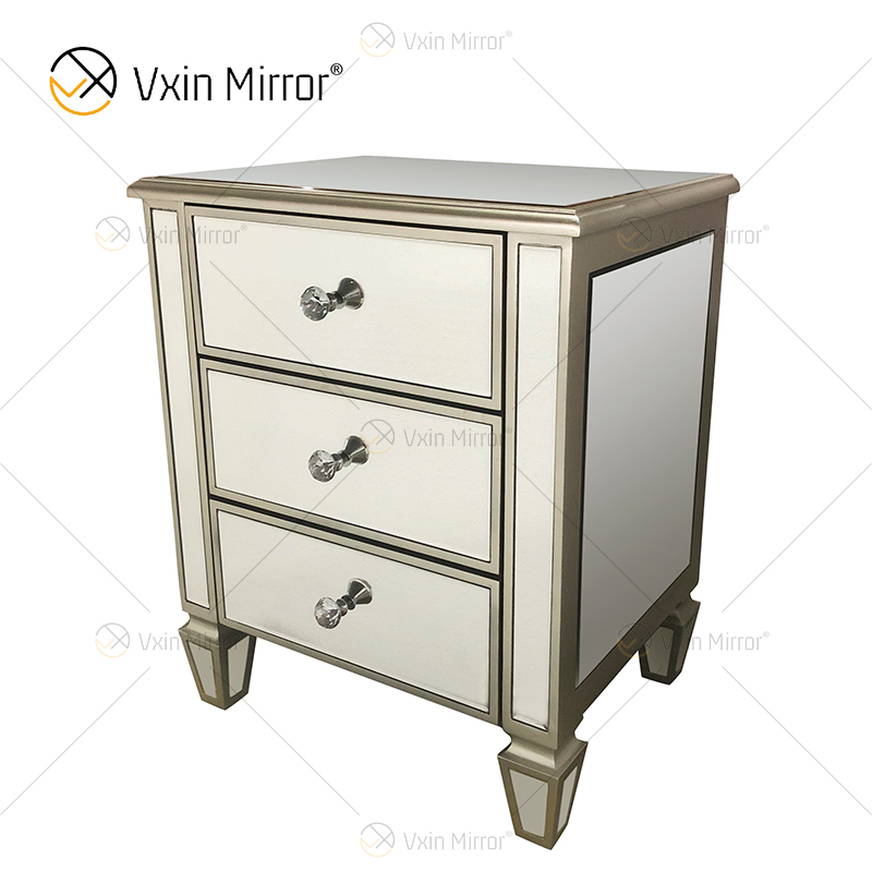Fuente de fábrica WXF-074 Muebles de dormitorio dorados Mesita de noche de lujo con 3 cajones Mesita de noche con espejo