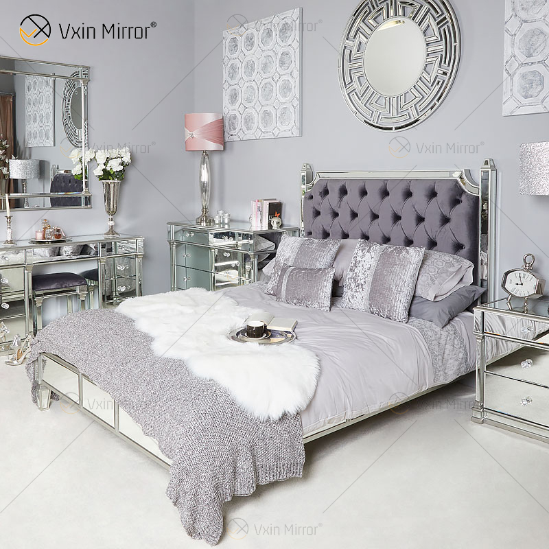 Vxin Antique Furniture WXWF-1082 Cama King Grace Champagne Silver Frame Mirrored Super Bed