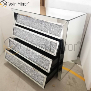 Vxin Silver WXF-706 aplastado con mesita de noche de diamante, mesita de noche biselada con mesita de noche con espejo de 4 cajones