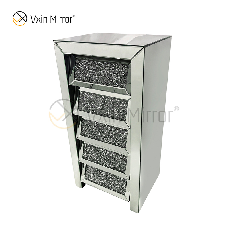 Vxin Mirror Silver Crushed WXWF-707 Diamon Nightstand Bevel Mesita de noche con 5 cajones Mesita de noche con espejo