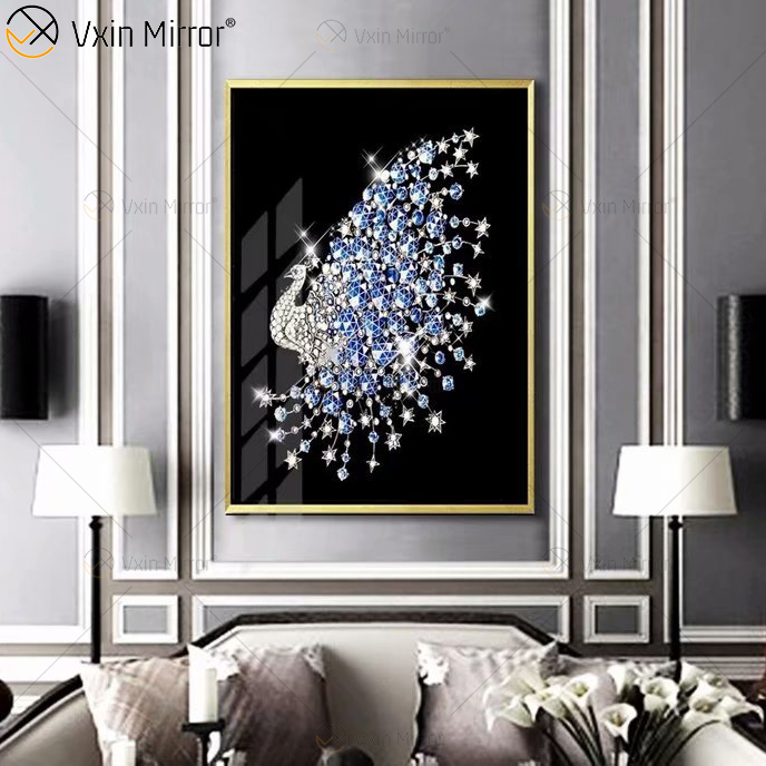 Pantalla de marco de aluminio de lujo, pintura de porcelana de cristal de pavo real, fondo de sofá, pintura colgante de pared, decoración de sala de estar