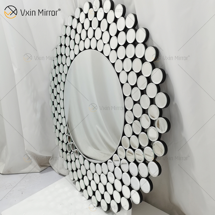 Espejo de cristal de pared decorativo de tamaño completo con forma geométrica WXM-2239 de plata redonda moderna y sencilla