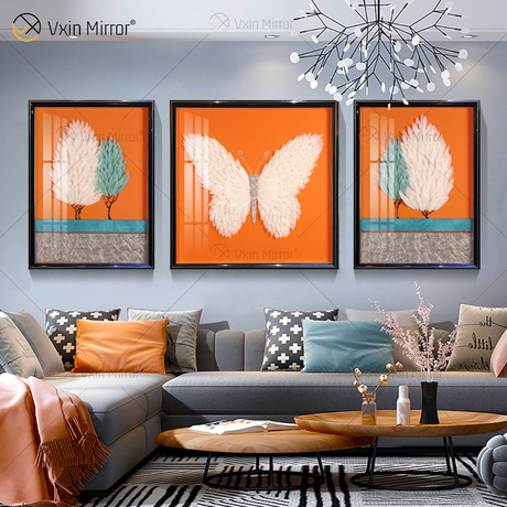 La pintura de mariposa Vxin WXPA-004 más nueva para la decoración del hogar arte de la pared cuadro colgante de plumas de Metal para el juego de sala de estar a la venta