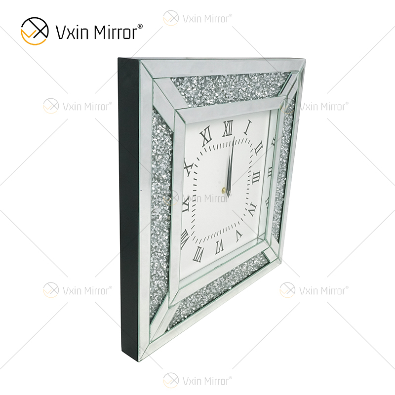 Paquete anticaída WXC-001 Reloj de pared con espejo de diamantes triturados de plata moderna