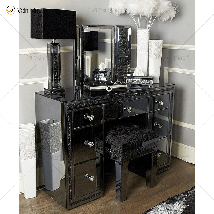 Gran oferta de muebles de dormitorio con espejo, armario, cama con espejo de diamante triturado negro con mesita de noche