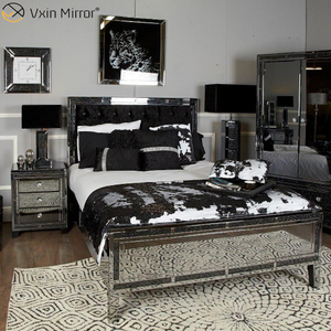 Gran oferta de muebles de dormitorio con espejo, armario, cama con espejo de diamante triturado negro con mesita de noche