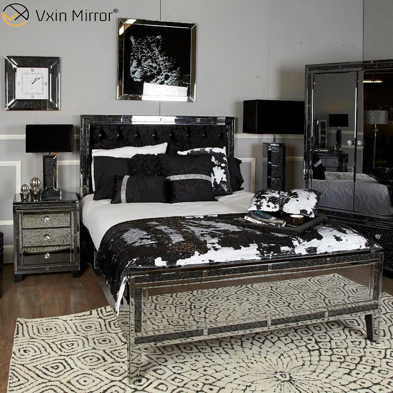 Gran oferta de muebles de dormitorio con espejo, armario, cama con espejo de diamante triturado negro con mesita de noche