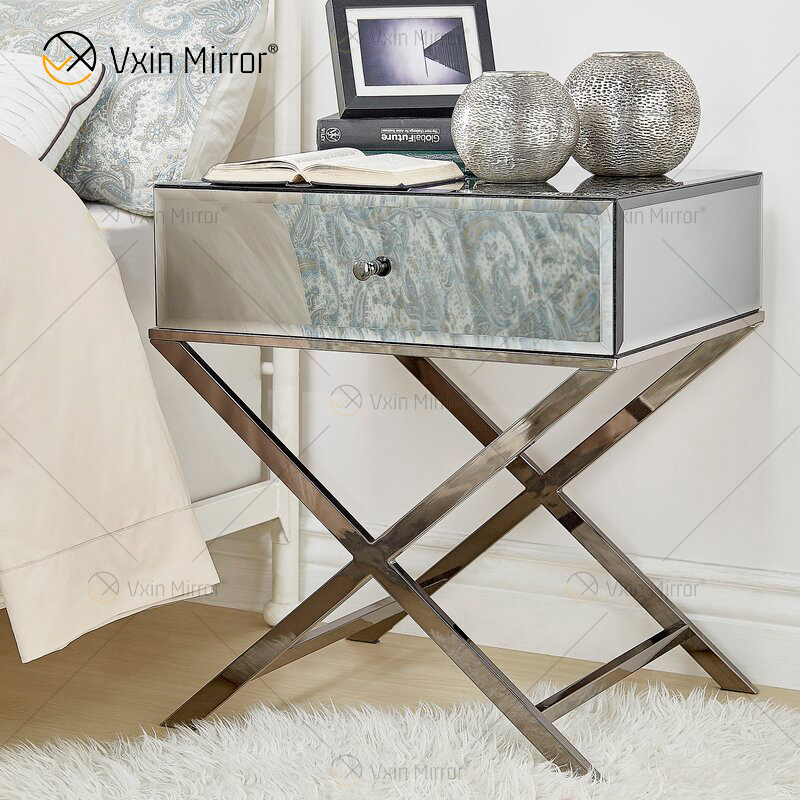 Vanity Modern WXF-046, muebles de acero inoxidable plateado, mesita de noche de cristal con 1 cajón, mesita de noche con espejo