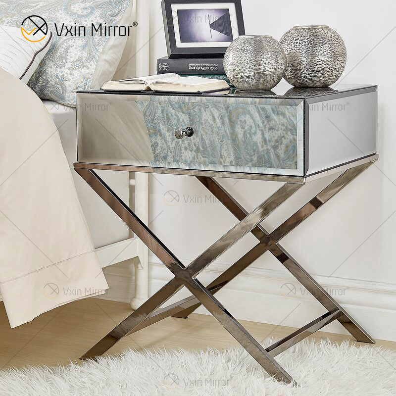 Vanity Modern WXF-046, muebles de acero inoxidable plateado, mesita de noche de cristal con 1 cajón, mesita de noche con espejo