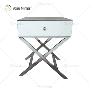 Vanity Modern WXF-046, muebles de acero inoxidable plateado, mesita de noche de cristal con 1 cajón, mesita de noche con espejo