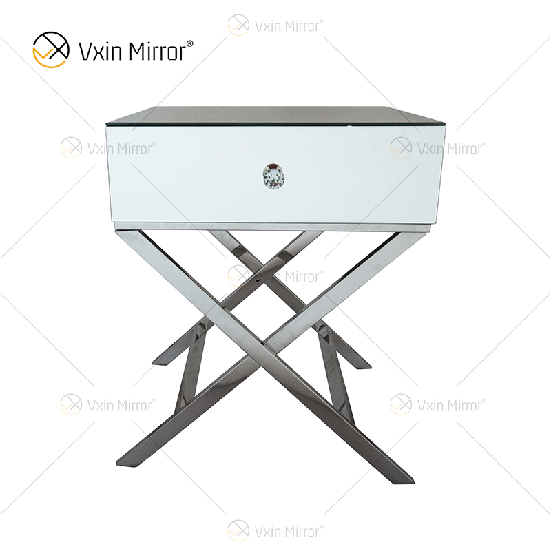 Vanity Modern WXF-046, muebles de acero inoxidable plateado, mesita de noche de cristal con 1 cajón, mesita de noche con espejo