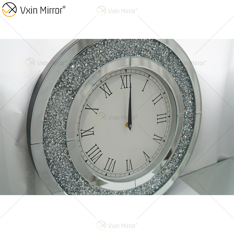 Reloj de pared con espejo redondo de diamante triturado WXMC-010 de plata moderna de gran oferta