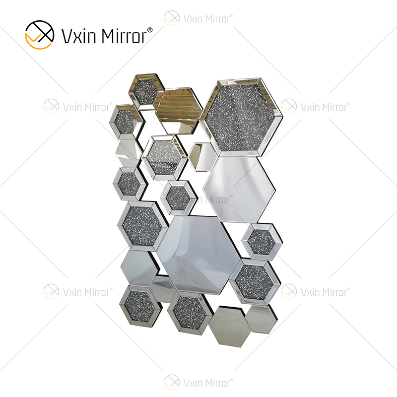 WXM-1778 Decoración de pared Espejo colgante de pared con nido de cristal de diamante triturado plateado
