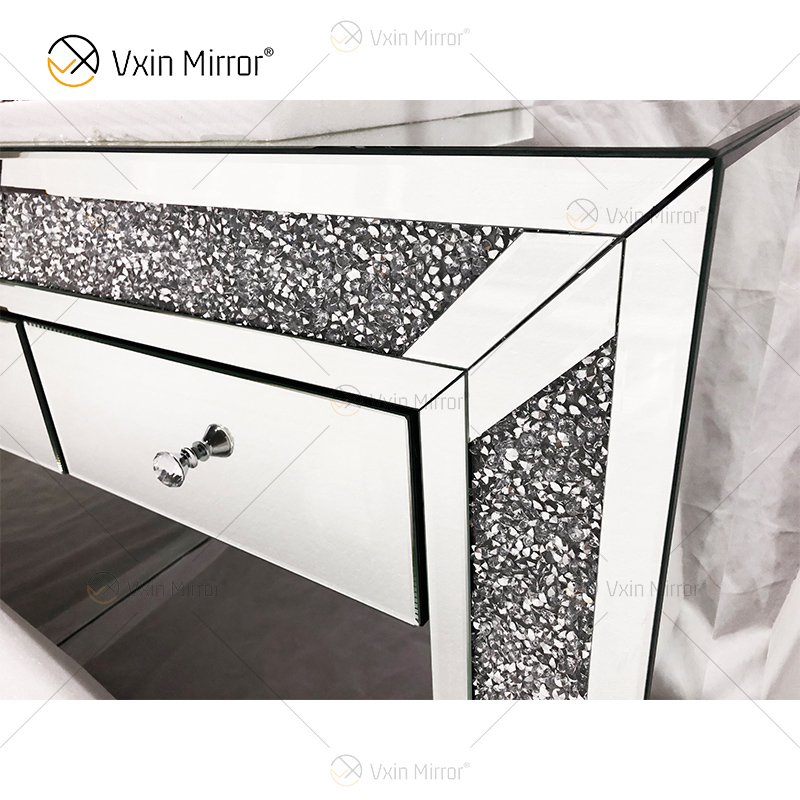 Taburete de tocador de plata de diamante triturado moderno de venta caliente 2 cajones con espejo de cuerpo entero