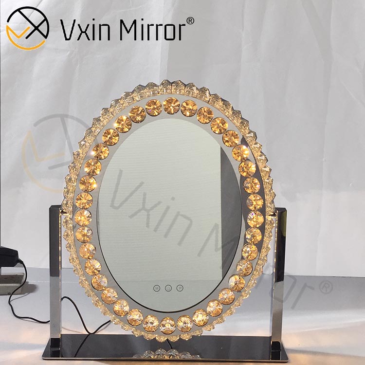 Espejo de tocador de mesa de Hollywood táctil regulable con cristal de diamante decorativo ovalado WXDL-175
