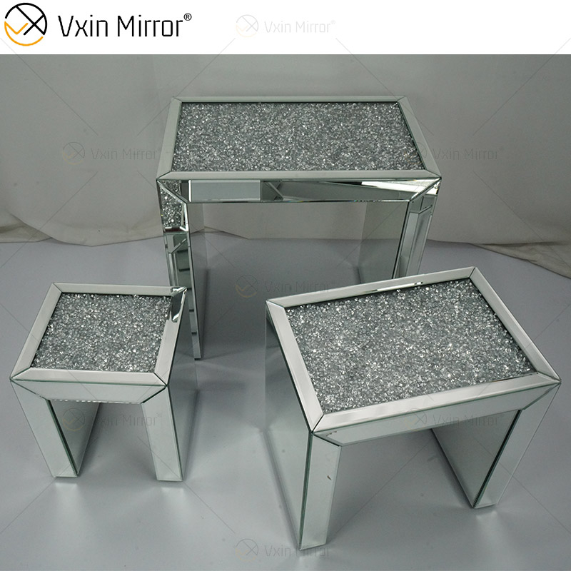 Venta caliente ZH056 Mesa auxiliar cuadrada Vidrio plateado combinado moderno con mesas laterales de espejo de sala de estar con parte superior de diamante de cristal
