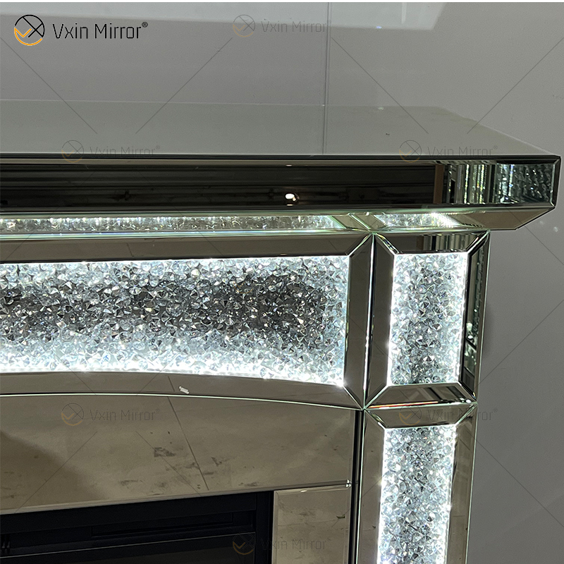 Nuevo diseño WXMF026-1 LED plata cristal sala de estar espejo chimenea con inserto interior