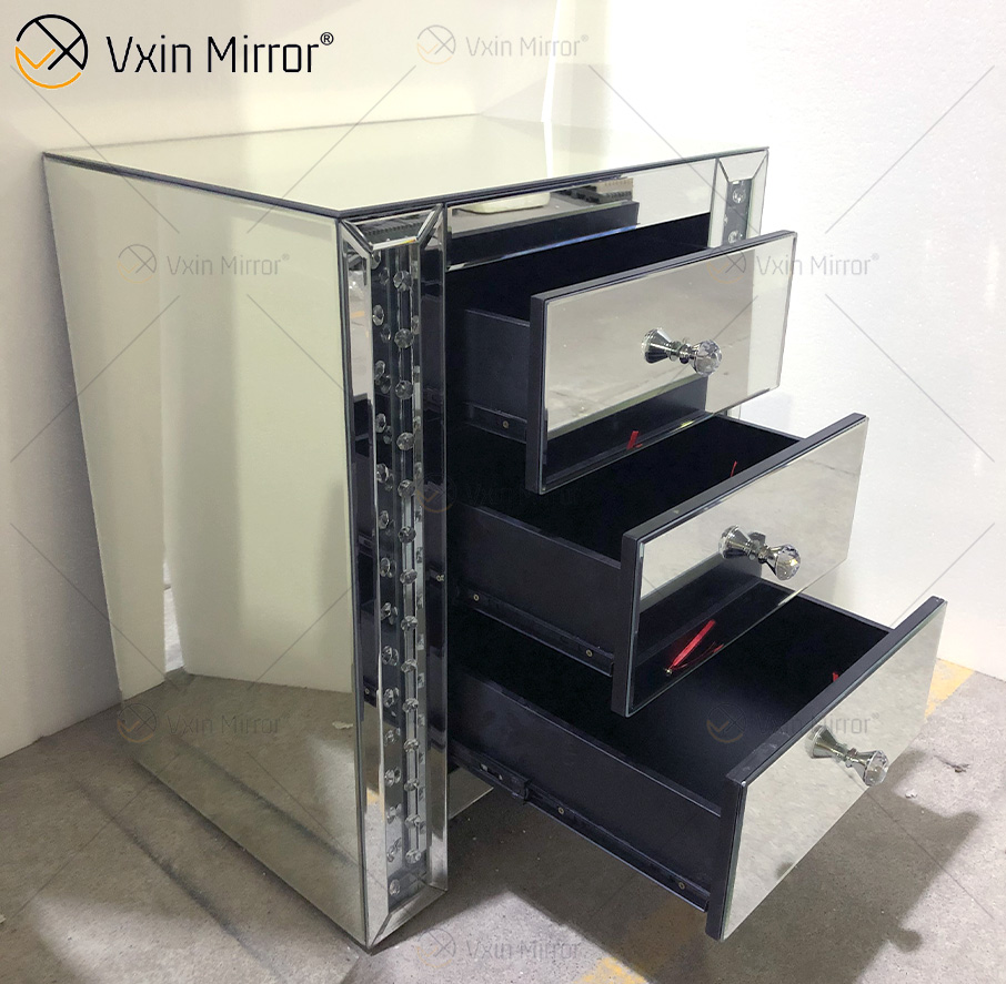 Vxin Crystal Decor WXF-274 Silver Tallboy Crystal Mirror Mesita de noche con 3 cajones Espejo Mesita de noche