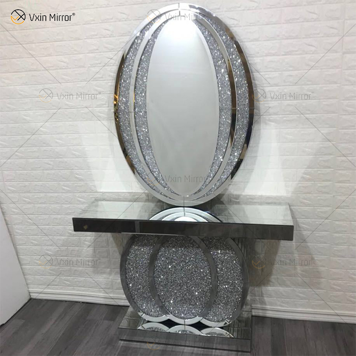 Proveedor de China, moderna y famosa mesa de consola de cristal para sala de estar con diamantes plateados y aplastados