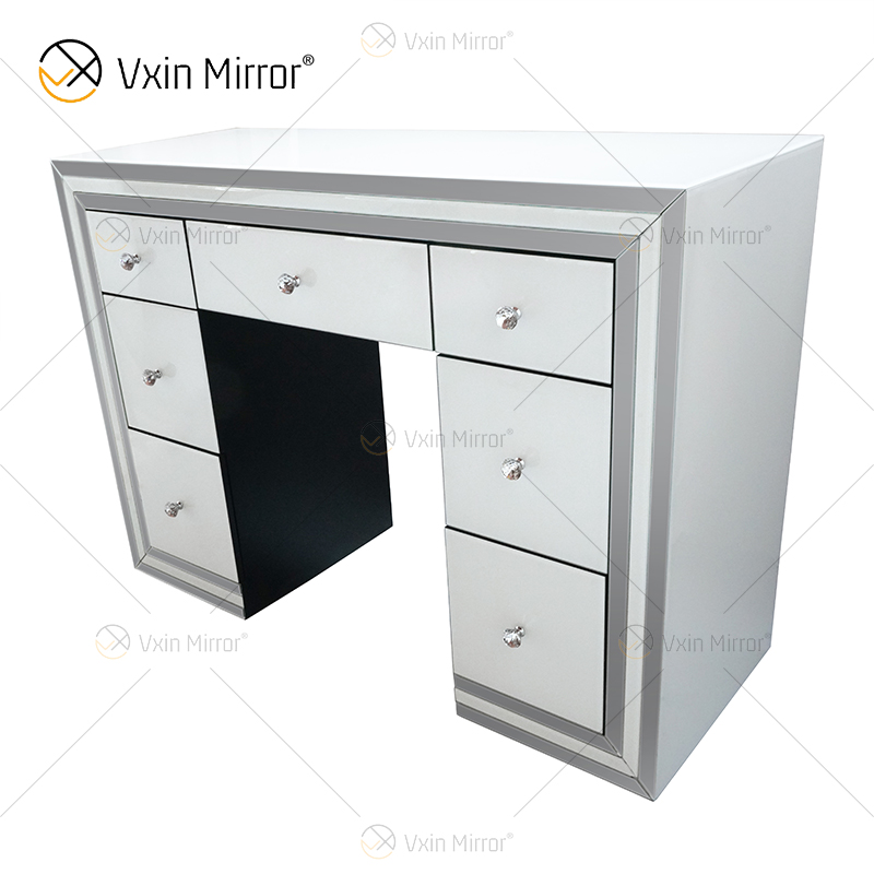 Juego de espejos blancos de venta caliente WXF-792 Tocador moderno con marco de plata con silla 7 cajones