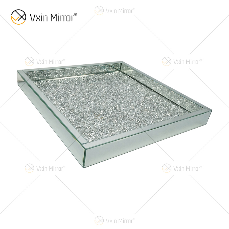 Venta caliente WXMT-019 Modern HomeDecor Bandejas cuadradas de espejo de vidrio de diamante triturado de plata