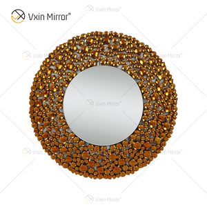 Espejo colgante redondo de pared de cristal plateado con decoración de pared de lujo dorado