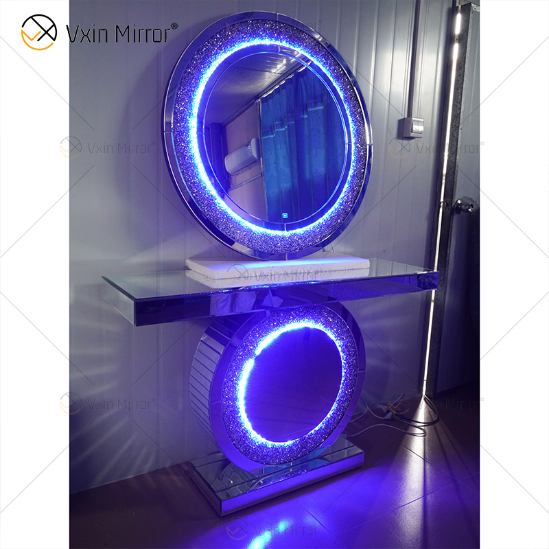 Mesa de consola moderna espejada LED de 3 colores de tamaño personalizado con función de pantalla táctil de espejo