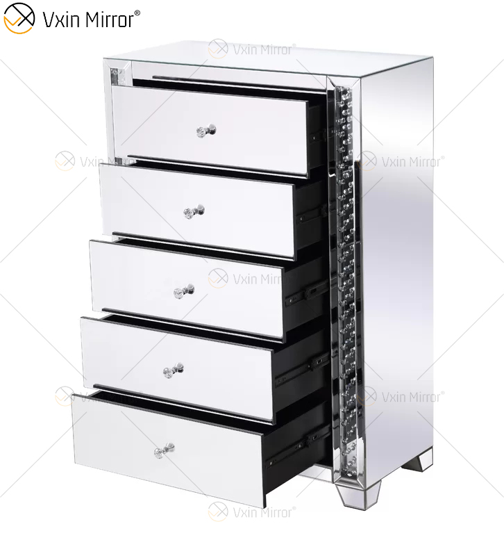 Vxin Crystal Decor WXF-746 Mesita de noche plateada de cristal con cinco cajones para dormitorio