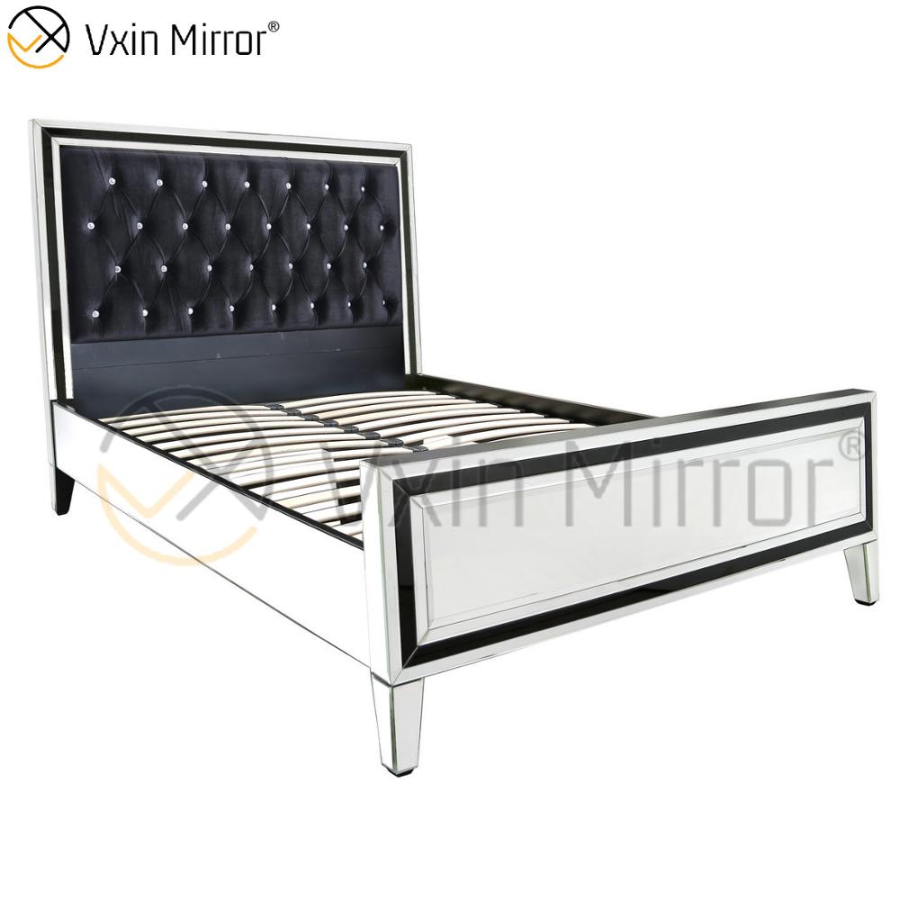 Muebles con espejo Vxin WXWF-1081 Marco negro Espejo de cama King con espejo de vidrio plateado Cama con espejo