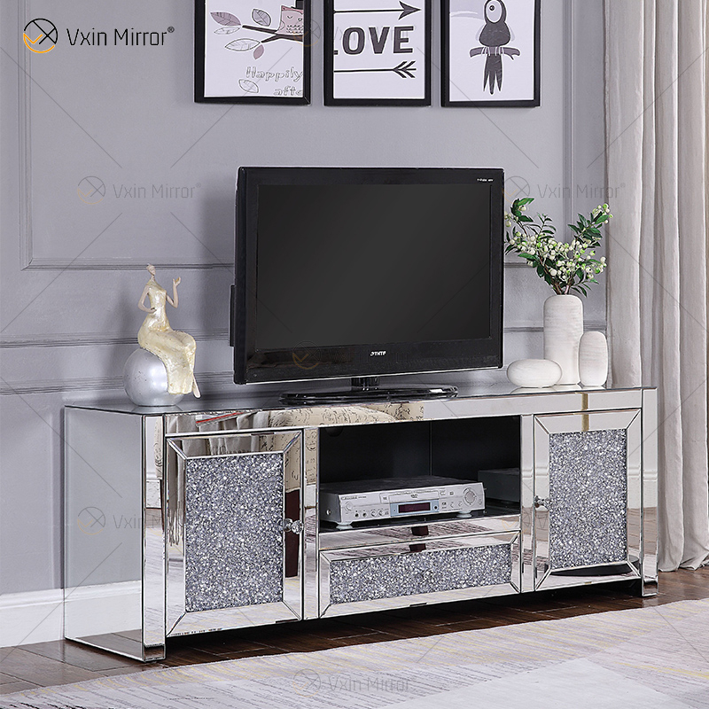 Venta al por mayor WXF-097 Muebles de sala de estar con espejo Diamante triturado Gabinete de plata 2 Cajones Espejo Soportes de TV
