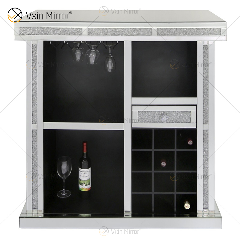 Vxin Home Decor WXF-142 Gabinete de vino alto con espejo de diamante triturado plateado con un cajón