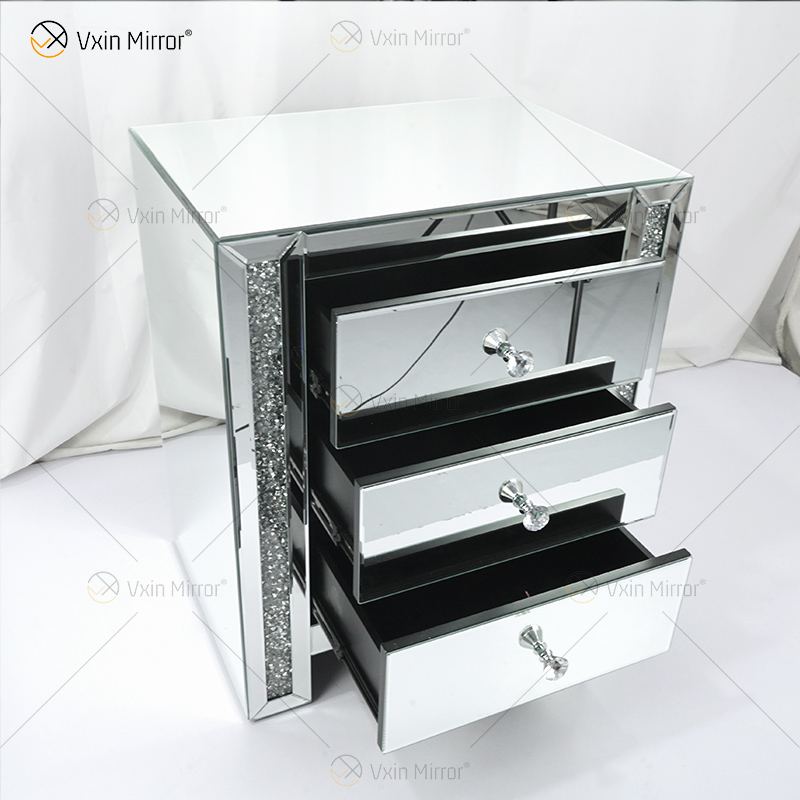 Vxin Mirror WXWF-718 Mesita de noche moderna con espejo de 3 cajones Mesita de noche