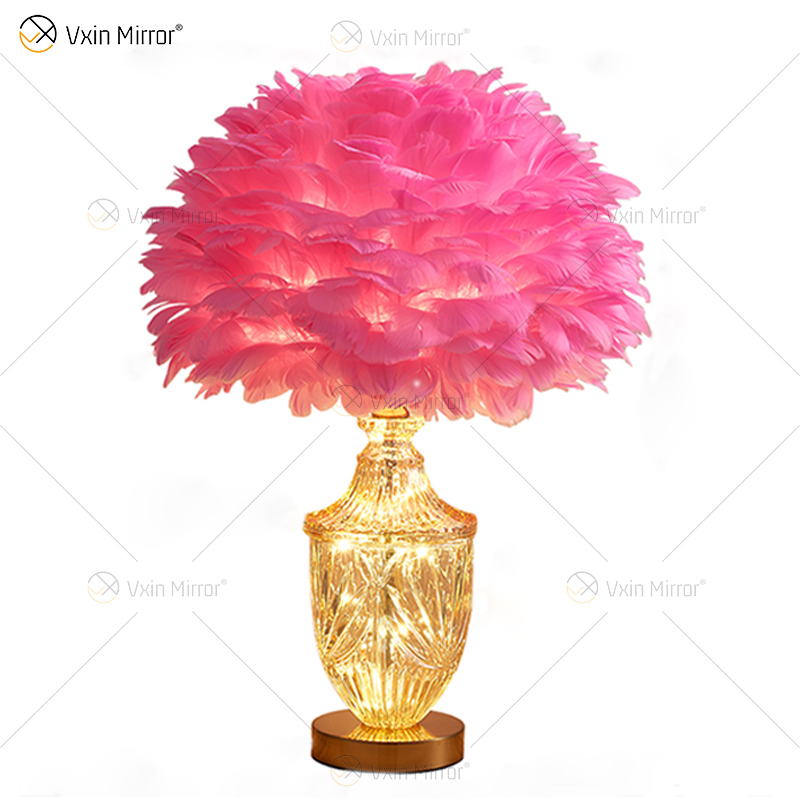 Lámpara de mesa de cristal de plumas preciosas de suministro de fábrica con LED para dormitorio