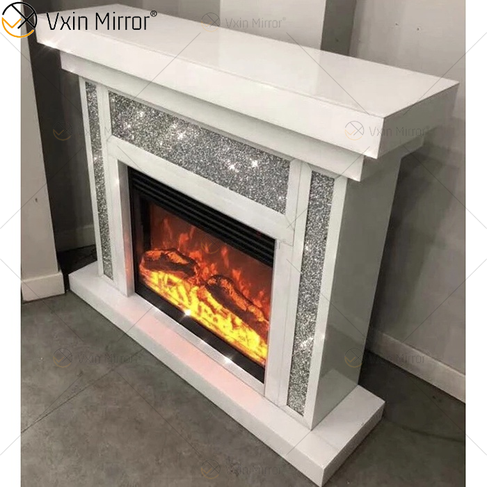 Chimenea de espejo de cristal blanco de cristal de diamante triturado para interiores de lujo en muebles de sala de estar WXWF-1108