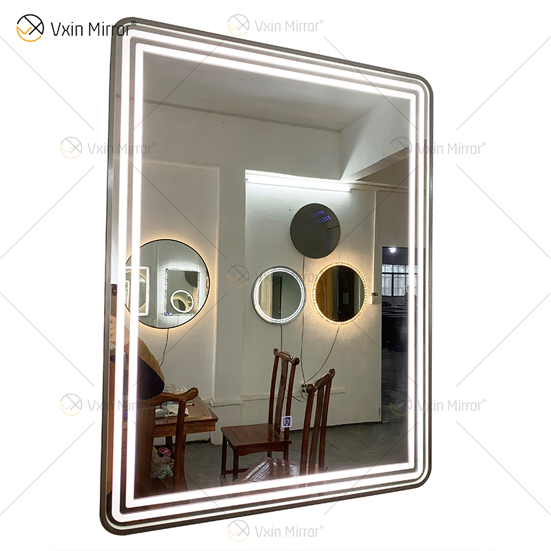 WXDL-121 LED Luz de 3 colores Fuente de alimentación a prueba de agua Marco plateado Espejo de protección ambiental sin cobre