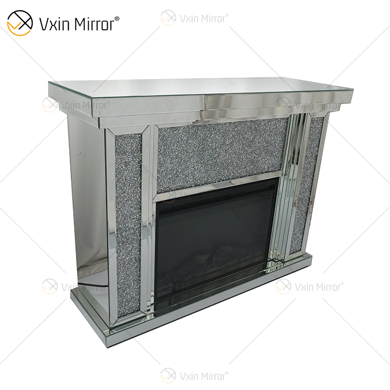 Gran oferta, WXWF-1108, espejo de cristal de diamante triturado plateado, repisa para chimenea, decoración del hogar con insertos de fuego eléctrico, chimenea de espejo