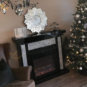 Chimenea eléctrica con espejo de marco negro de diamante triturado plateado para sofás de sala de estar WXWF-042-1