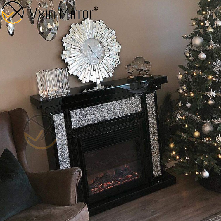Chimenea eléctrica con espejo de marco negro de diamante triturado plateado para sofás de sala de estar WXWF-042-1