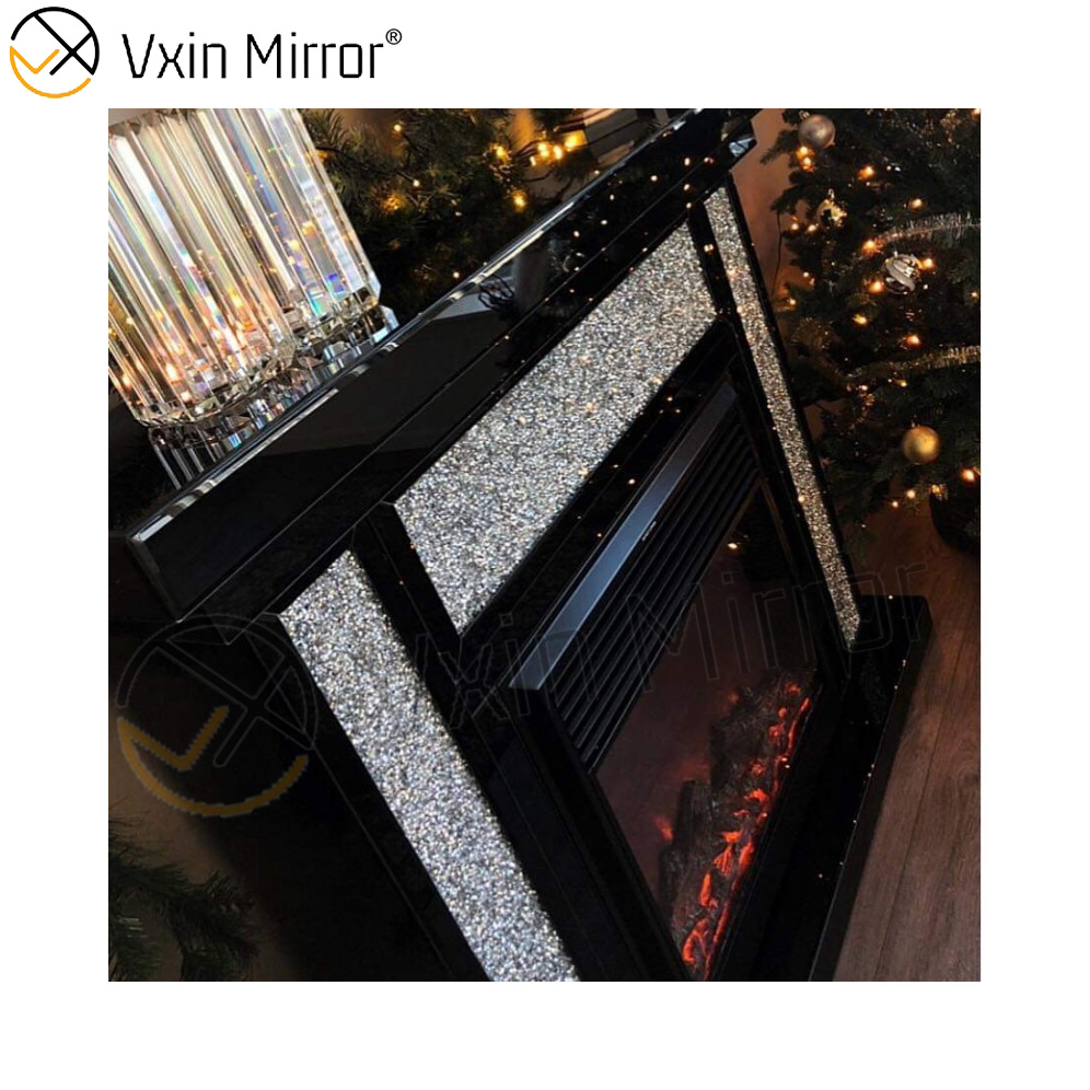 Chimenea eléctrica con espejo de marco negro de diamante triturado plateado para sofás de sala de estar WXWF-042-1