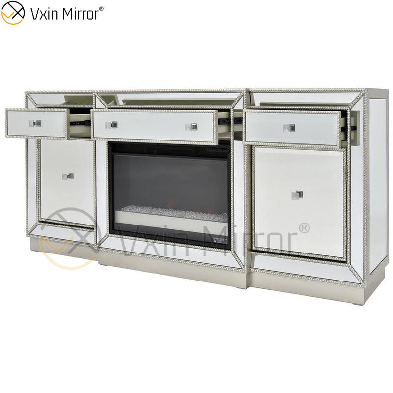 Muebles de espejo Vxin, soportes de TV para chimenea con espejo de champán y diamante triturado, soportes de armario con inserto de cristal