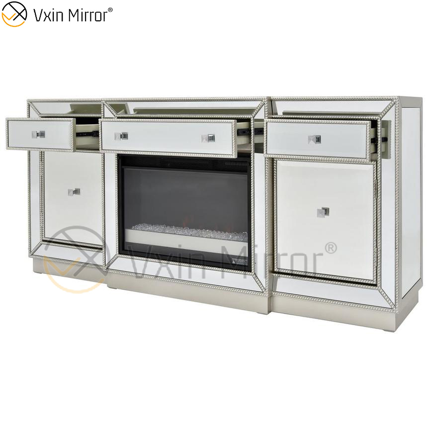 Muebles de espejo Vxin, soportes de TV para chimenea con espejo de champán y diamante triturado, soportes de armario con inserto de cristal